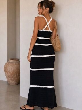 Victoria's Secret Knit Maxi Black White Stripe Bodycon Dress Size M